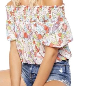 Free People Technicolor Bubble Off Shoulder Cropped Blouse Large NEW NWT